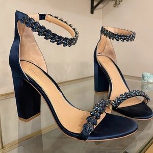 Badgley Mischka Navy Satin Heels with Crystal Accents